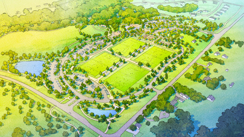 design of the Booker site shows the park from the corner of Matthews and Polenta Road.